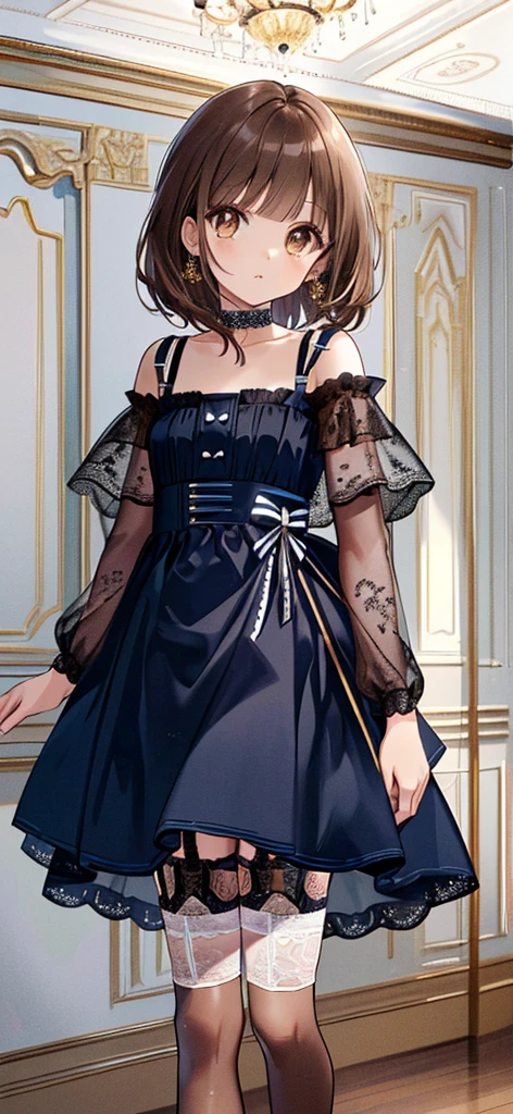 ((masterpiece)), ((best quality)), ((ultra detailed)), ((kawaii)), cute, (lovely), ((extremely detailed)), ((8K)), (beautiful), full body, luxury room, a cute girl, 1girl, solo, blue mini camisole dress,beautiful light brown hair, ((detailed beautiful brown eyes)), white-skinned, flat breast, tiny breast, garter belt,(garter stockings:1.4),pink eyeshadow