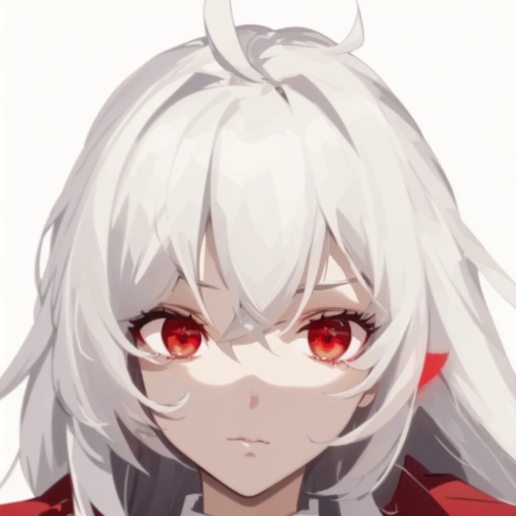 masterpiece, best quality, comic, girl, right profile, long hair, white hair, expressionless, red eyes, avatar, ahoge, 