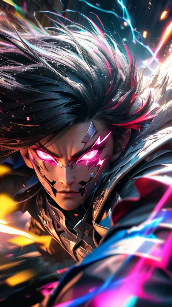 High quality, ultra realistic,absurdres, highres, ultra detailed, HDR, masterpiece, extremely detailed face and eyes,  white dragon knight, dragon knight mask,,colorful Black hair , , solo, ,man, handsome, , , Epic fight scene, colorful splashing effect,colorful lightning  effect,glowing glitters , 