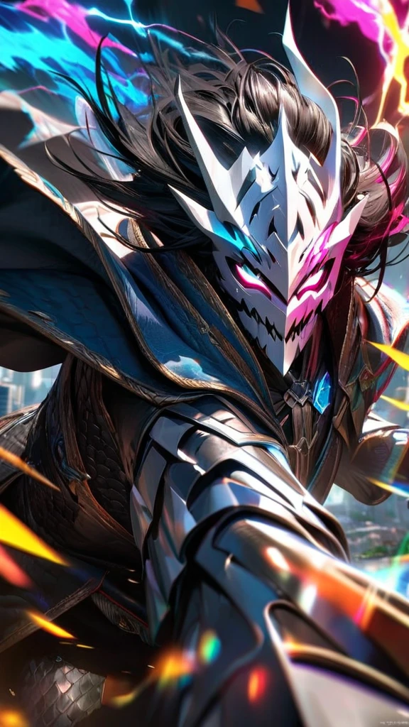 High quality, ultra realistic,absurdres, highres, ultra detailed, HDR, masterpiece, extremely detailed face and eyes,  white dragon knight, dragon knight mask,,colorful Black hair , , solo, ,man, handsome, , , Epic fight scene, colorful splashing effect,colorful lightning  effect,glowing glitters , 