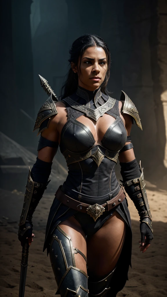 "powerful warrior woman, dark and atmospheric setting, confrontational and strong pose, looking at viewer, minimal striking armor, dark metallic, angular shoulder armor, She wears a chest plate that covers the upper part of her chest, though it leaves her breasts exposed, ornate belt, minimal cloth, intricate forearm and leg guards, muscular physique, dark skin, practical hairstyle, holding a close-combat staff, dark background, sandy ground, dramatic high-contrast lighting, detailed armor, shadows enhancing form, realistic with fantasy style"