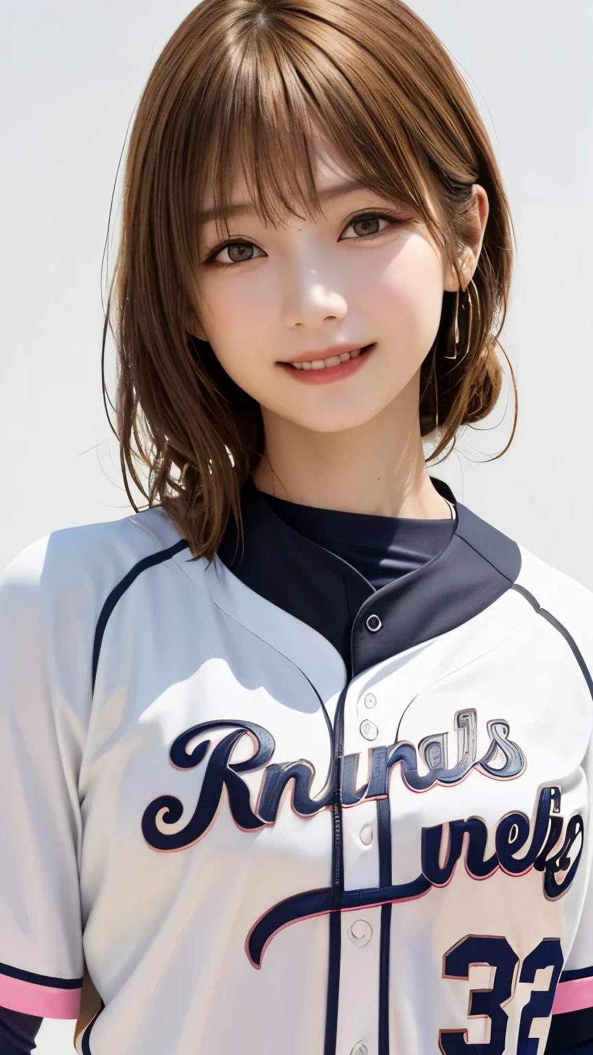 (Highest quality、8k、32K、masterpiece)、(Realistic)、(Realistic:1.2)、(High resolution)、Very detailed、Very beautiful face and eyes、1 Girl、Round and small face、Tight waist、(close、Highest quality、Attention to detail、Rich skin detail)、(Highest quality、8k、Oil paints:1.2)、(Realistic、Realistic:1.37)、Bright colors、(((Blonde)))、(((Upper Body Shot)))、(((長いBlonde)))Looks happy、(((White wall background)))、(((Happy expression)))、(((Baseball uniform)))、(((Black and pink uniform)))、(((smile)))、