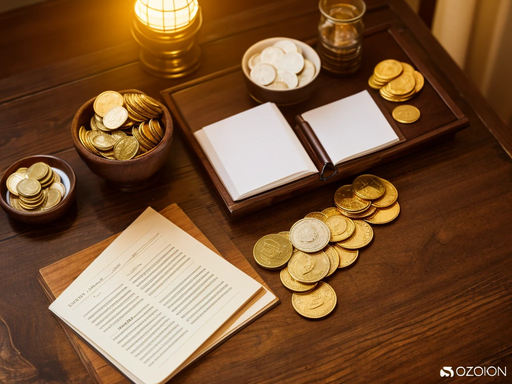 There's nothing on the desk except coins,mountain of gold coin on the table,The background is a wooden table, real picture, complicated details, serious, Zoom coin, from above