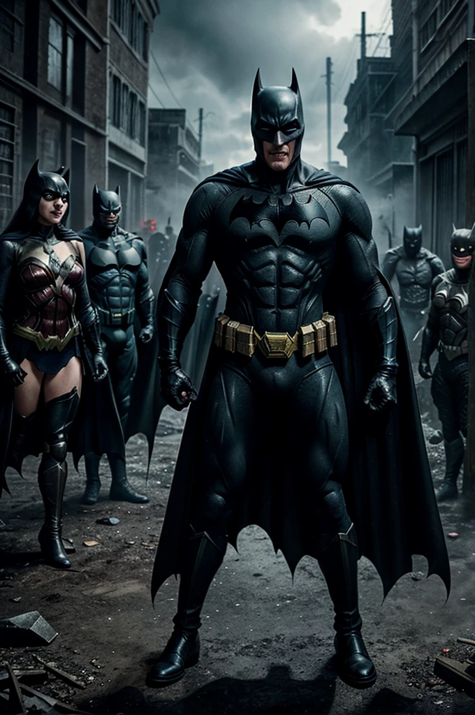 Create a poster featuring "The Batman Who Laughs" in a menacing black suit with a white shirt and black loafers. Capture his signature creepy laugh, his face smeared with blood. In each hand, he should hold a butcher's knife, dripping with the blood of the Justice League. The background should depict him standing ominously in front of the slain bodies of the Justice League members, set in a dark, haunting environment. The ground should be a lake of blood, intensifying the gruesome atmosphere. Ensure the overall design is dark and foreboding, highlighting the terror and chaos of the scene.