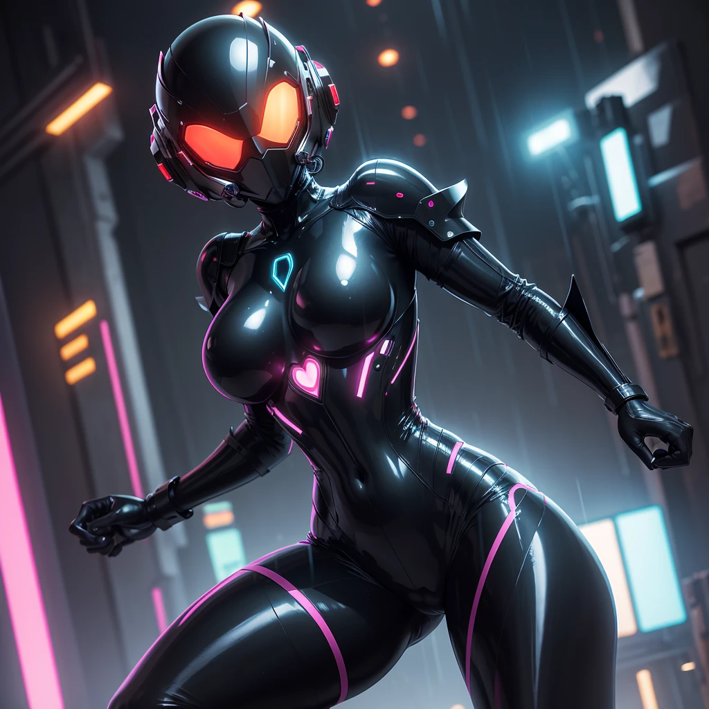 (masterpiece), (best quality), (high res) Solo, (perfect anatomy) Dronificated unknown woman, (fully enclosed black latex fullbody suit), (rwd lights across the suit), (heart shaped glowing core in the chest), (fully enclosed cyber helmet) that cover her whole face and hides her identity with only two glowing red lines in it's otherwise, empty black face, huge breast, narrow waist, wide hips and thick thighs, in a futuristic city, (neon lights), (rain), (night) no face, no hair, no mouth, no eyes
