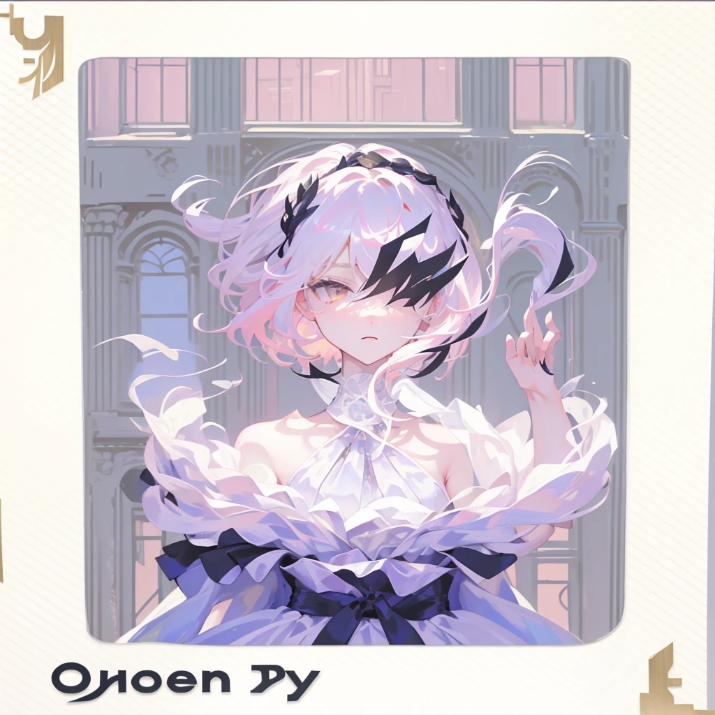 (Extremely delicate, masterpiece, excellent light and shadow, 8K HD wallpaper), white hair, golden eyes, intermittently translucent white clothes, looking at the upper body, lacy hair accessories, pale pink skin, tie at the waist, side braid swing.