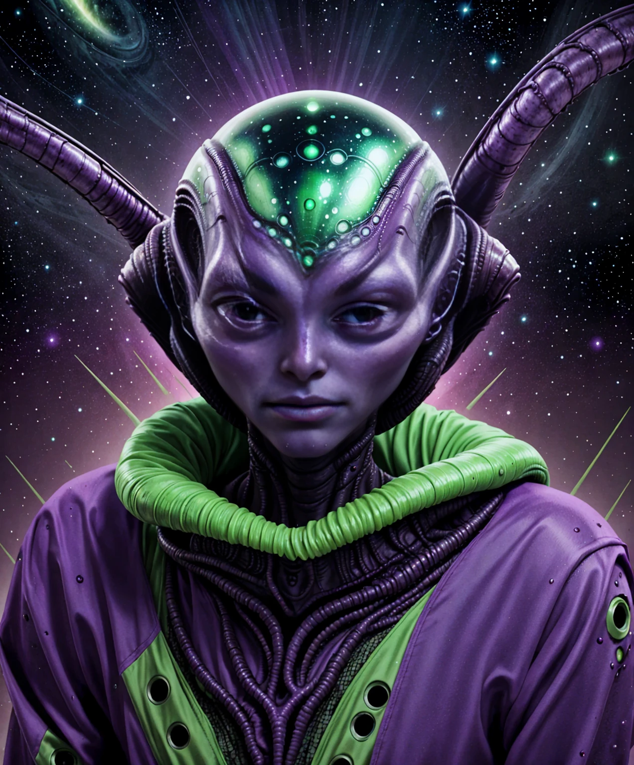 alien extraterrestrial persons exotic aliens facial features purple green cosmic scenery landscape
