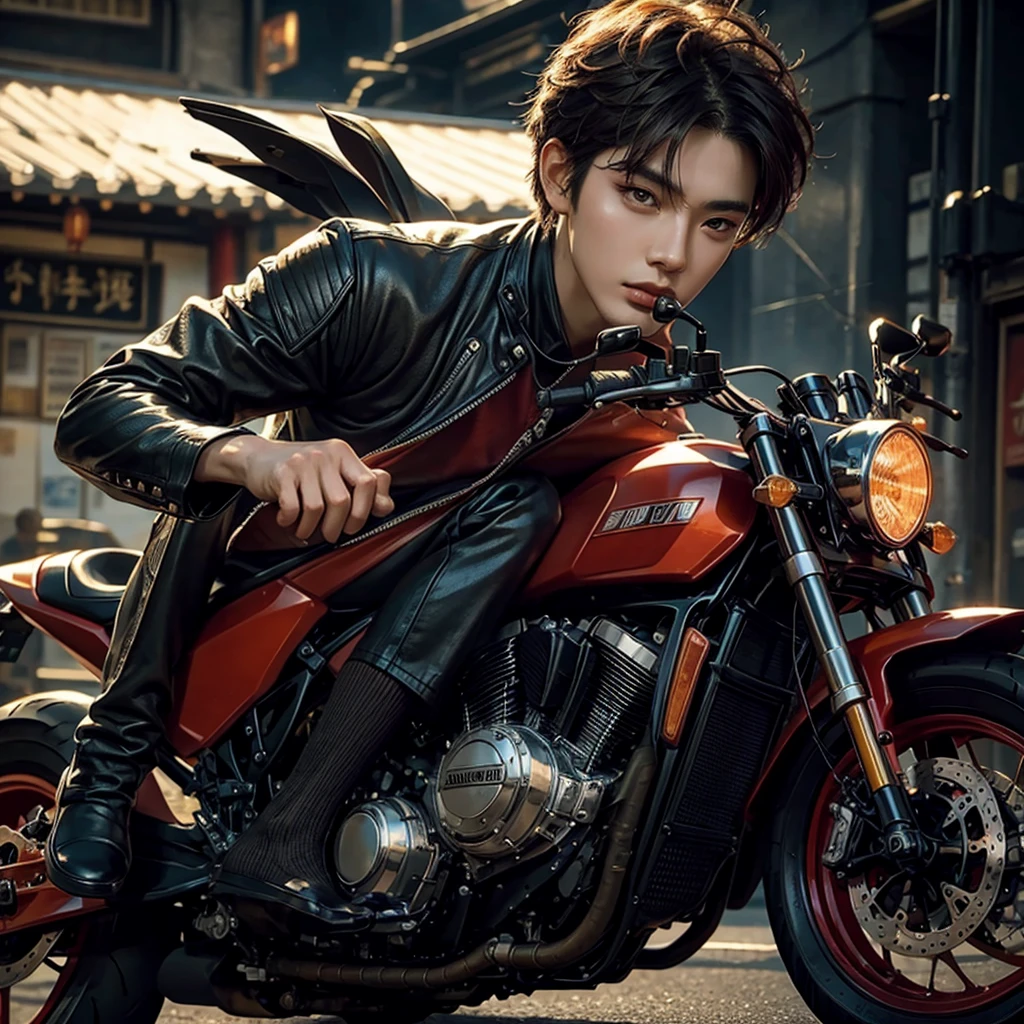 a beautiful chinese handsome young man, floating fiery hair, riding chopper motorcycle, emitting sacred flame, wall of death background, detailed realistic face, beatiful eyes, long eyelashes, detailed lips, detailed skin, detailed outfit, detailed motorcycle, dramatic lighting, cinematic composition, 8k, high quality, photorealistic, hyper detailed, vibrant colors, fantasy, mystical, magical realism