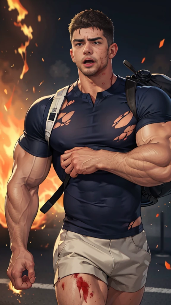 (Create a masterpiece: 1.2),(CGI art:1.3),(realistic:1.5),(After processing:1.3),(Sharp focus:1.3), (man Fight, join in battle:1.5 ), straight, front ,Chris Redfield ,(black hair), smile open mouth, (Wear color navy round neck T-shirt: 1.5), (with a Police badge: 1.2), navy cargo, (Torn shirt:1.6), (wound: 1.3) , (blood splatters) ,( abrasions on face: 1.5), (Blood stains on the face and body: 1.4), Korean guy , korean men, (High gloss details), chest muscles, large arm muscles, blood vessel, Big muscles, Broad shoulders, looking at the audience, Balancing the eyes, middle of the road , (Carrying a black backpack: 1.3) ,(Fire blazes behind) ,(open mouth:1.6)