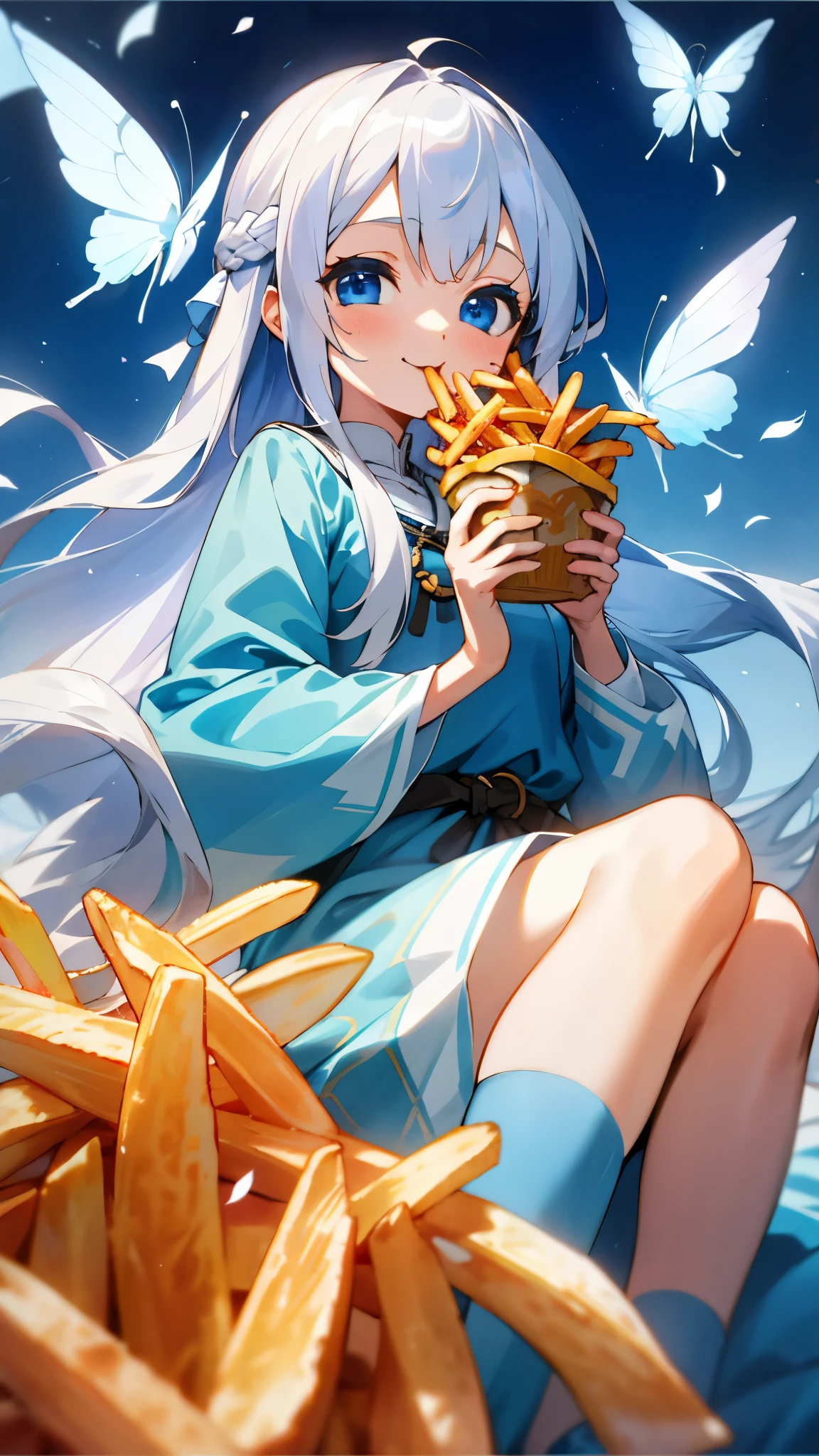 (Highest quality,masterpiece,Surreal),Silver Hair、Long Hair、Beautiful Blue Eyes、smile、Wearing a peasant tunic、Eating French Fries、Beautiful and delicate girl portrait,Playful and cute,Background Petals fluttering,