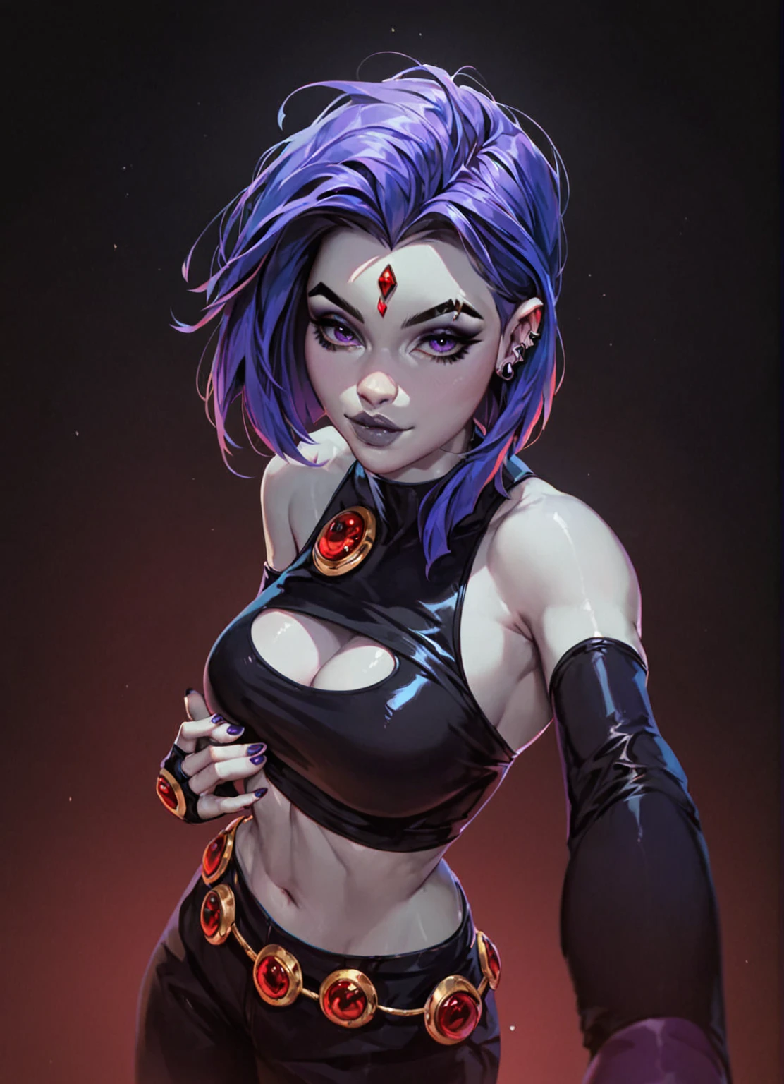 score_9, score_8_up, score_7_up, score_6_up, score_5_up, score_4_up, score_9, medium shot, torso shot, portrait of seductive voluptuous Goth raven form teen titans, perfect breasts, perfect hands, perfect fingers, rating_safe