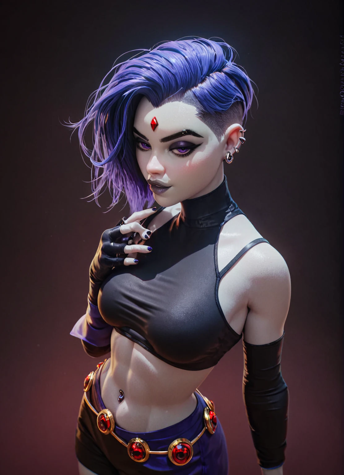 score_9, score_8_up, score_7_up, score_6_up, score_5_up, score_4_up, score_9, medium shot, torso shot, portrait of seductive voluptuous Goth raven form teen titans, perfect breasts, perfect hands, perfect fingers, rating_safe