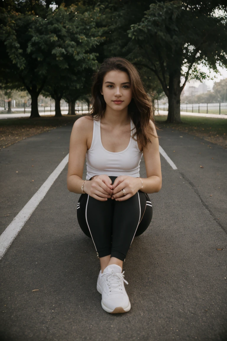 ((Mejor calidad)), ((obra maestra)), (detallado), cara perfecta, realista, con ropa deportiva, top morado, leggings gris, zapatillas urbanas