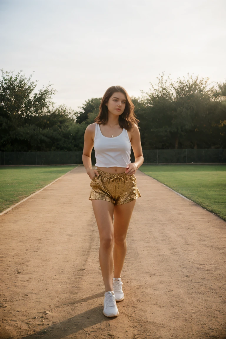 20 y.o Stella Reign, supermodel, perfect beautiful face, natural skin texture, light brown hair, brown eyes, proportional sexy posture, sport outfit, jogging, city park