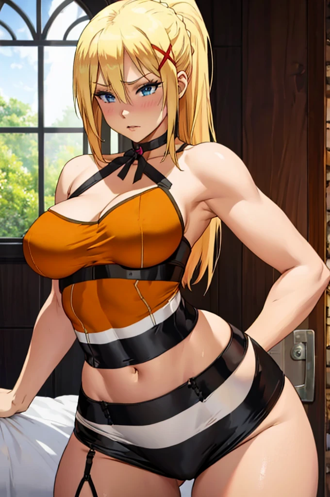 Lalatina Dustiness Ford, hot horny and sexy blonde muscle girl, athletic female body, yellow-orange bra and panties, stockings, choker, only one girl