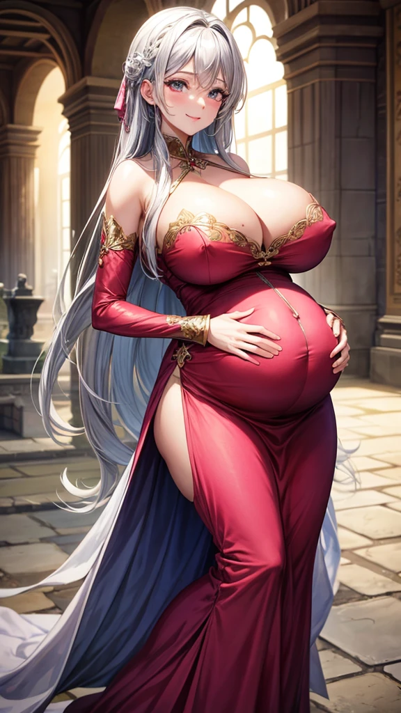 1 mature girl, beautiful face, very big breasts, big nipples, Long silver hair, pink eyes, medieval dresses, Smile, open dress, sexy dress, Pregnant, very pregnant, open stomach
