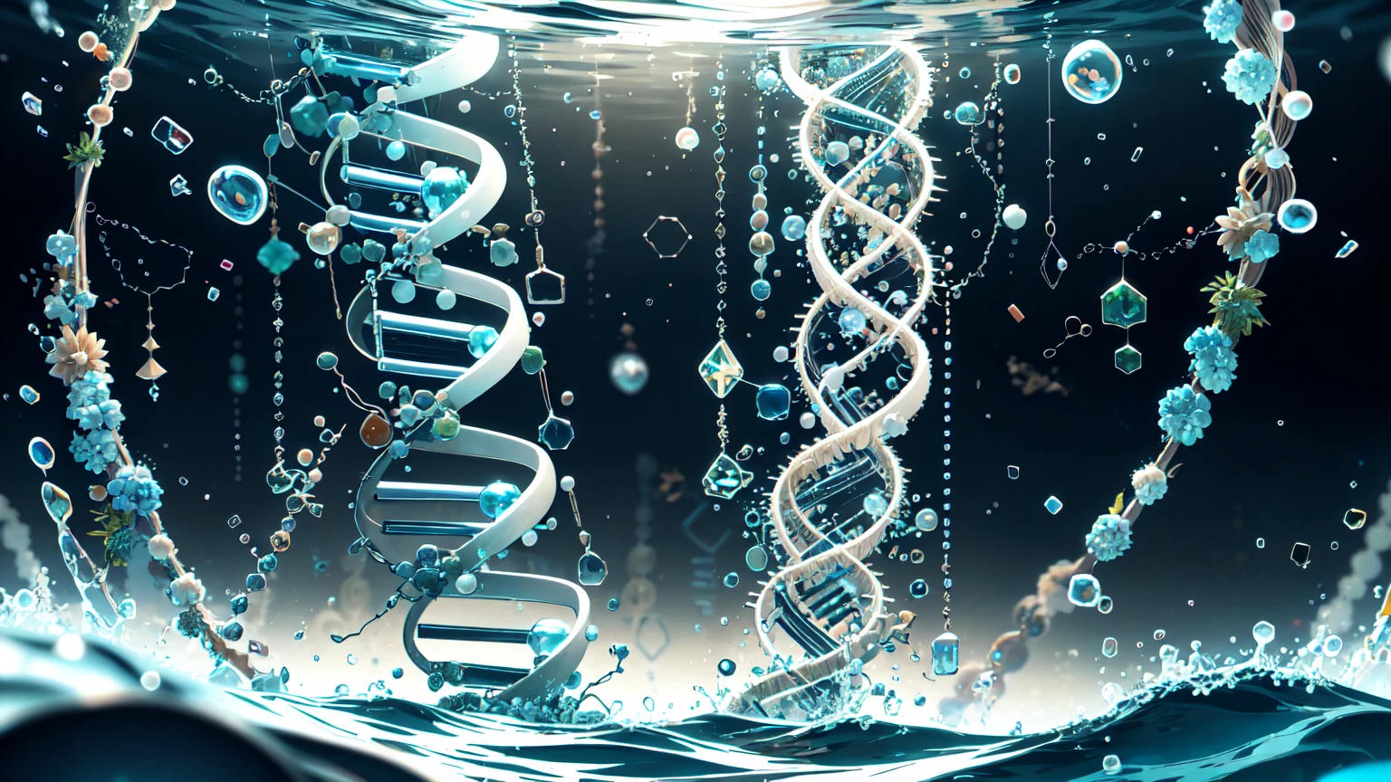 concept art, front cover, flat design, detailed beautiful DNA double helix in water, absurdres, best quality, bubbles, life, biology, molecule