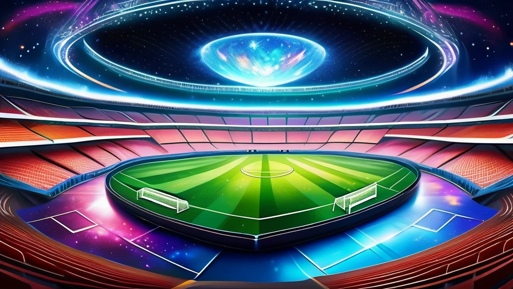 (Illustration of a space soccer field with intricate details for playing soccer:1.3))), Movie angle, (Holographic style illusion with intricate details:1.2), Stunning fiber optic light painting and alcohol ink masterpieces, Dark fantasy and flame harmony, It exudes a vivid and fascinating atmosphere of obscura., Breathtaking beauty, Incredible realism, Realistic and skilled craftsmanship, Exquisite detail and perfect quality, A true work of art, Ultimate quality and resolution, A sophisticated masterpiece with high contrast, (Incredibly detailed paintwork:1.3), ((Delicate and intricate paint strokes:1.2)), Ultra-Realistic Details, (((The depth and dimension of this masterpiece:1.3))), Amazing details, (((Beautiful brushwork:1.3))),