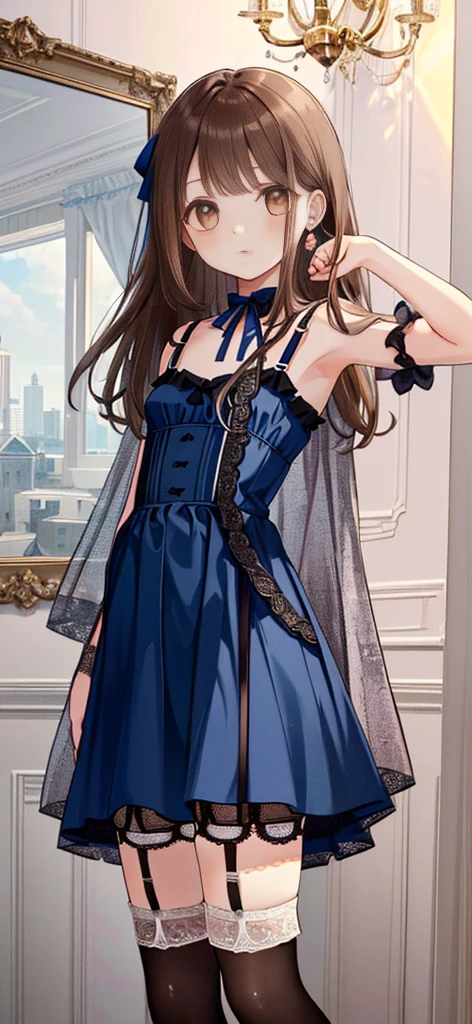 ((masterpiece)), ((best quality)), ((ultra detailed)), ((kawaii)), cute, (lovely), ((extremely detailed)), ((8K)), (beautiful), full body, luxury room, a cute girl, 1girl, solo, blue mini camisole dress,beautiful light brown hair, ((detailed beautiful brown eyes)), white-skinned, flat breast, tiny breast, garter belt,(garter stockings:1.4),pink eyeshadow