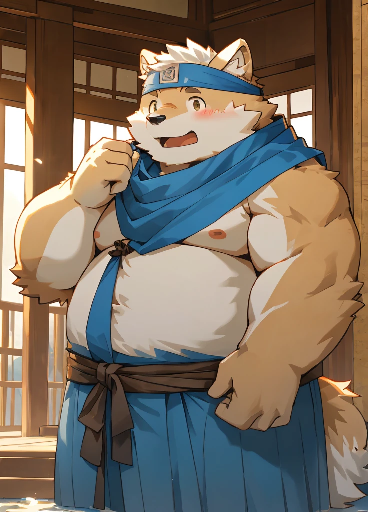 (masterpiece),(Very detailed),(best quality),hairy,Shiba Inu,fur,white hair,Gray pupil,Chubby,(Poor),(Japan samurai attire),((blue scarf)),((Brown headband)),(blush:1.1),((shy)),紧张shy的表情,Temple Background,8K,(high quality),(((Ultra-clear))),(Super detailed),(Best Works)