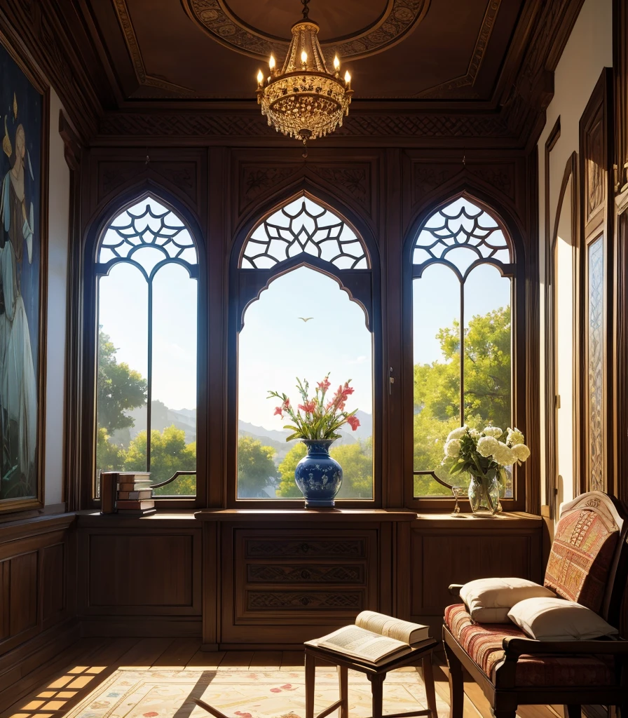 une nature morte ,un vase de fleur  , in an Islamic decor plus a window and a book