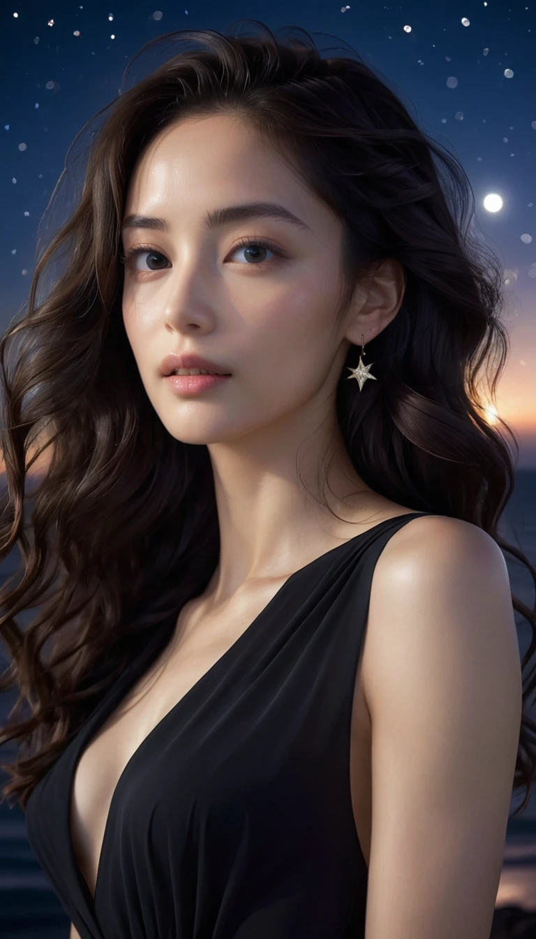 8K, masterpiece, RAW Photos, Highest quality, Realistic, Very detailed, Depth of written boundary, Cinematic Light, Anatomically correct body,
An elegant and beautiful mature woman,
Wavy black long hair, Very beautiful face, Exquisitely detailed face, Goddess-like deity々Beautiful, Glamorous Body,
Very sensitive skin, Transparent white skin, Beautiful and bountiful breasts, Sexy ass, Sexy thighs,
White bikini swimsuit, Detailed cloth texture, Gorgeous necklace, Gorgeous earrings,
Starry sky background, Dark sandy beach at night, Pitch black sea surface,
Beautiful back view,