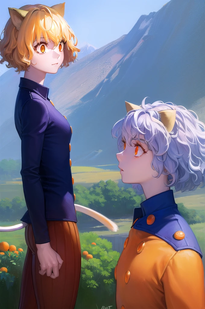 female、tall、29-year-old、adult、Neferpitou, short hair, Cute face、Cute like an idol、(Orange eyes:1.5), Animal ears, Hair between the eyes, tail, Gray Hair, Cat ear, cat tail, Cat girl, Curly Hair,((The background is the countryside、forest、))、Mountains in the distance、blue sky、
break long sleeves, Shorts, Striped, button, brown Shorts, shirt, collared shirt, blue shirt,
break (Cowboy Shot:1.5),
break (masterpiece:1.2), Highest quality, High resolution, unity 8k wallpaper, (figure:0.8), (beautiful detailed eyes:1.6), extremely detailed face, Perfect lighting, extremely detailed CG, (Perfect hands, Perfect Anatomy),smile、Thick thighs、Uplifting、
