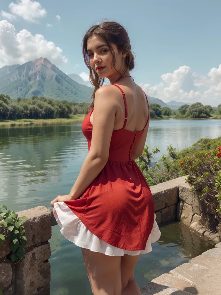 Araffe dress,Red dressRed wearing a short dress (white),Crocodile nearbya mountain of water near the Crocodiles nearby.light green, shining flowers,Red skywearing a suit (white), lipstick (pink) Escasamente vestido.Smooth sky model Hermosa figuracuerpo voluptuoso curvy hermosas sonrisa seductora Retrato Gabriella Lin Rojo Orange dress Red