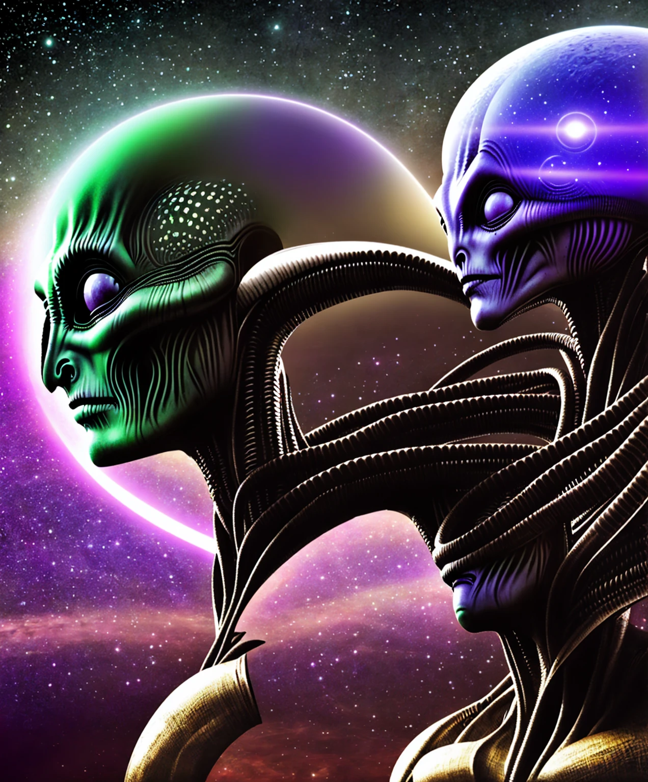 alien extraterrestrial persons exotic aliens facial features purple green cosmic scenery landscape double exposure
