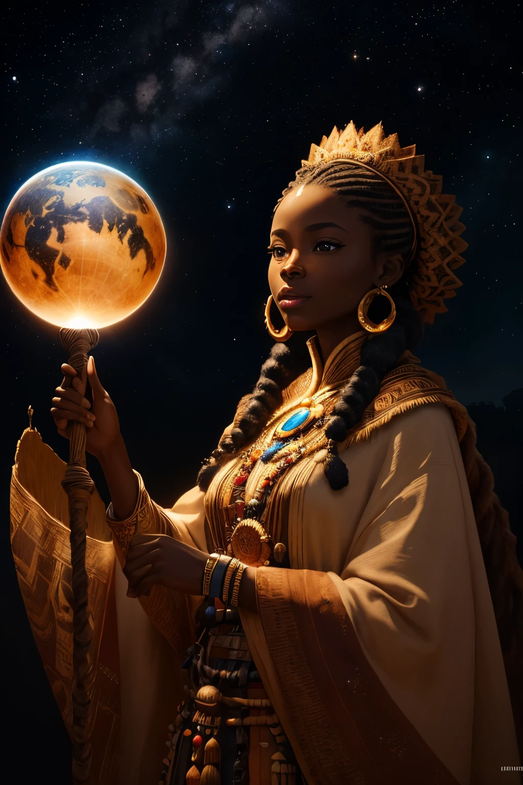 (best quality,4k,8k,highres,masterpiece:1.2),ultra-detailed, 1woman, Akan Goddess Onyame, hallebailey, West African features, Tall, Symmetrical face, smiling, looking at viewer, nighttime, bright blueish moonlight, drawn in the style of Yoshitaka Amano, HDR, 8k, absurdres, cinestill 800, sharp focus