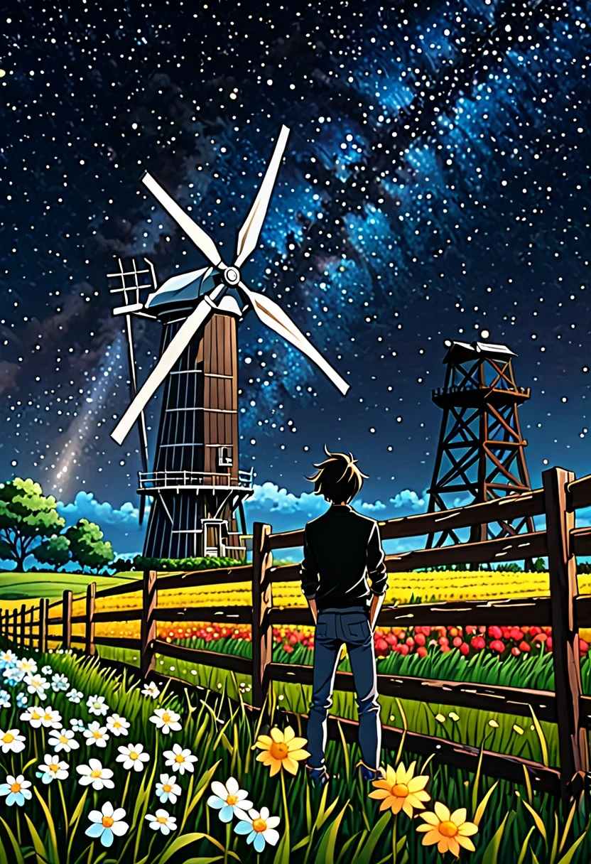a young man leans against a wooden fence, observing the tranquil scene of a wind mill nestled within a field beautiful flowers, starry sky, magic spell, galaxy, black hole, abasterpiece)), ((best quality)), ultra detailed,((illustration)), dynamic angle, detailed light, (delicate eyes), (ahoge:0.8),apathy, star,frontage,style of anime4 k, 4k anime wallpaper, badass anime 8 k, 4 k comic wallpaper