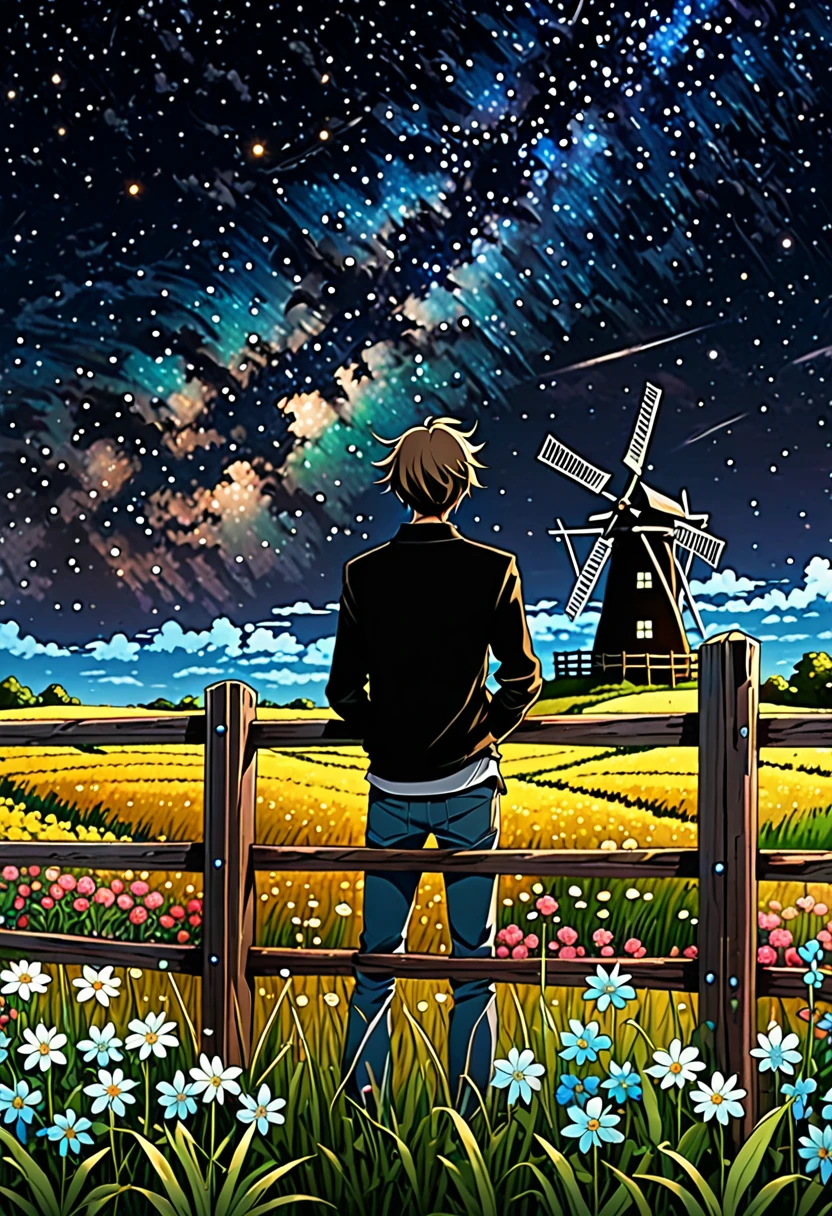 a young man leans against a wooden fence, observing the tranquil scene of a wind mill nestled within a field beautiful flowers, starry sky, magic spell, galaxy, black hole, abasterpiece)), ((best quality)), ultra detailed,((illustration)), dynamic angle, detailed light, (delicate eyes), (ahoge:0.8),apathy, star,frontage,style of anime4 k, 4k anime wallpaper, badass anime 8 k, 4 k comic wallpaper