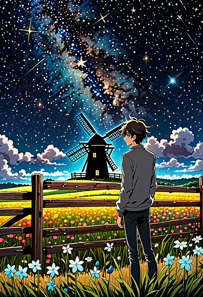 a young man leans against a wooden fence, observing the tranquil scene of a wind mill nestled within a field beautiful flowers, starry sky, magic spell, galaxy, black hole, abasterpiece)), ((best quality)), ultra detailed,((illustration)), dynamic angle, detailed light, (delicate eyes), (ahoge:0.8),apathy, star,frontage,style of anime4 k, 4k anime wallpaper, badass anime 8 k, 4 k comic wallpaper