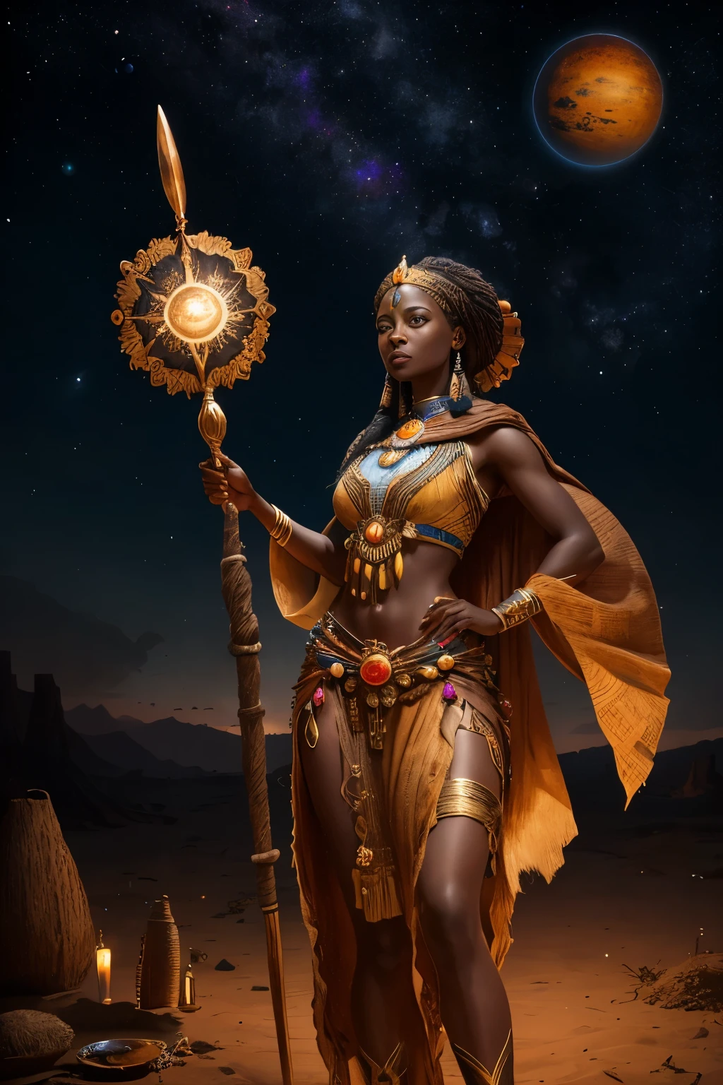 An African shaman woman, elegantly dressed in a meticulously crafted African garment fashioned from hides and fur, stands resolute, clutching a weathered staff. Behind her, the celestial expanse of the solar system unfolds with a breathtaking backdrop, adorned with vibrant horoscopes that shimmer under the cinematic light. This hyper-realistic image, rendered with unparalleled detail and clarity using Unreal Engine, is a 32k ultra HD masterpiece reminiscent of Artgerm's style, evoking a magical and enchanting aura that transports the viewer to a fantastical realm.