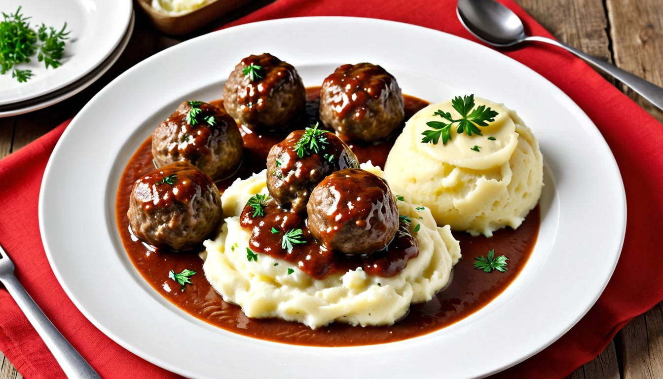 there is a plate of food with meatballs and mashed potatoes, polish food, by Karl Völker, by Werner Gutzeit, 💣 💥, ❤🔥🍄🌪, by Werner Tübke, swedish, recipe, by Albert Bertelsen, by Jens Søndergaard, 3 colour, profile image, sunday