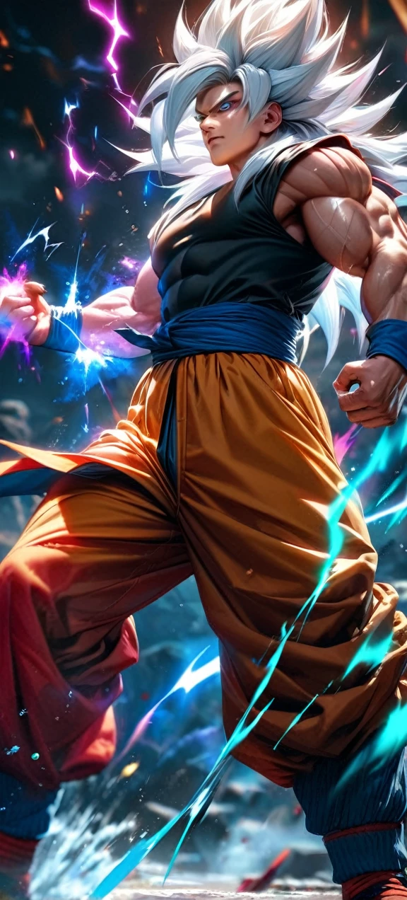 High quality, ultra realistic,absurdres, highres, ultra detailed, HDR, masterpiece, extremely detailed face and eyes,  super saiyan 5 goku , dragonball,,long white hair ,black shirt , solo, ,man, handsome, , , Epic fight scene, colorful splashing effect,colorful lightning  effect,glowing glitters , 