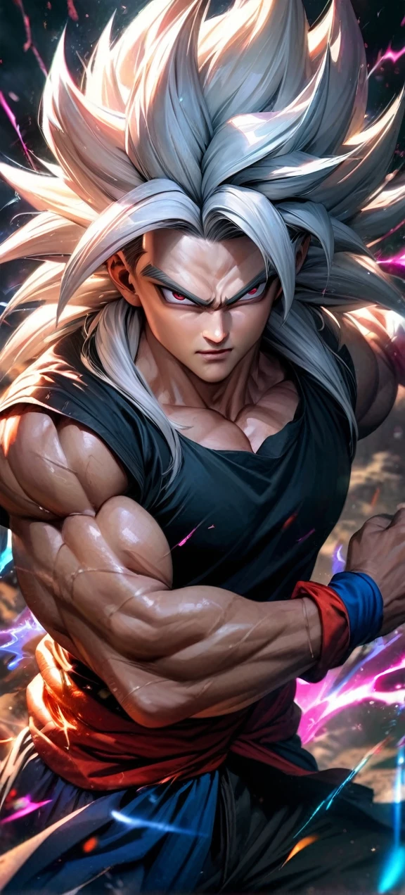 High quality, ultra realistic,absurdres, highres, ultra detailed, HDR, masterpiece, extremely detailed face and eyes, super saiyan 5 goku , dragonball,,long white hair ,black shirt , solo, ,man, handsome, , , Epic fight scene, colorful splashing effect,colorful lightning effect,glowing glitters ,