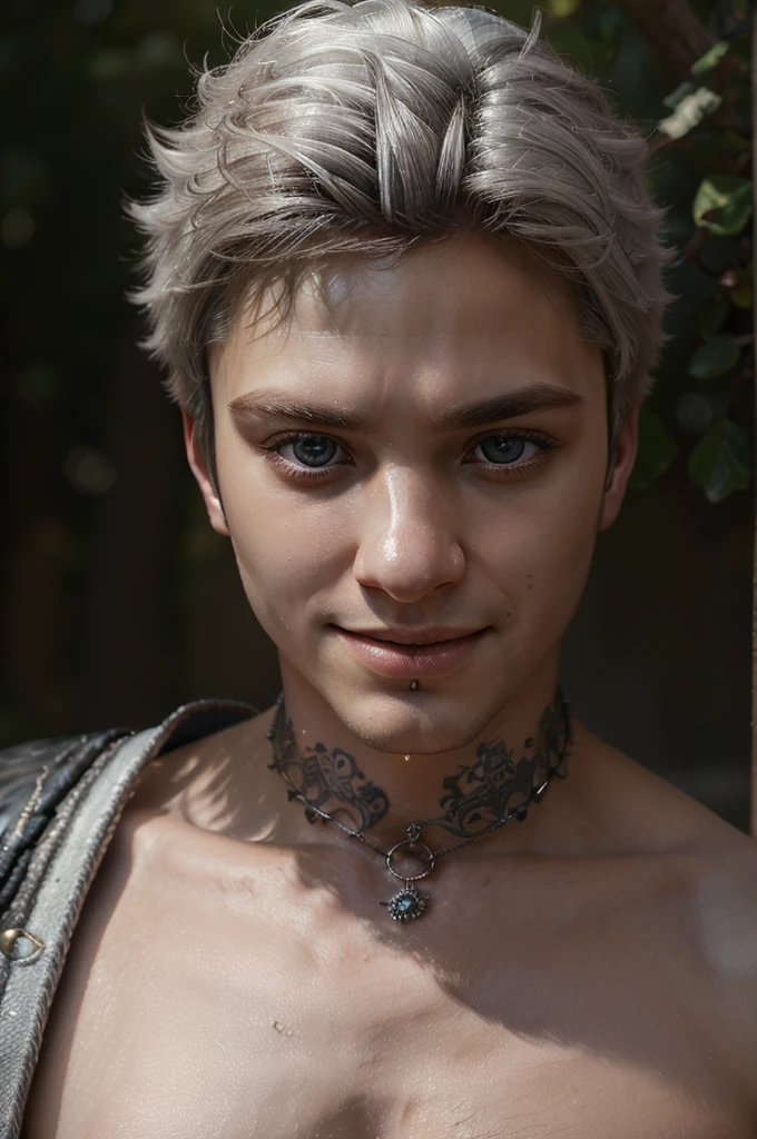 masculine male, masterpiece, ((perfect eyes)) best quality, (semirealism:1.9), beautiful lighting, (extremely detailed CG unity 4k fhd wallpaper), High Detail, Sharp focus, dramatic outdoors, 1 boy ,19 years old, white hair, light purpel eyes, smile.