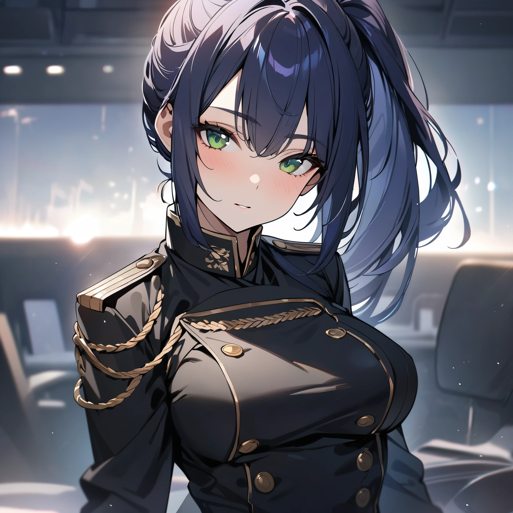 High quality, HD, 4k, Beautiful girl, dark blue hair, ponytail, green eyes, medium breast, black military uniform