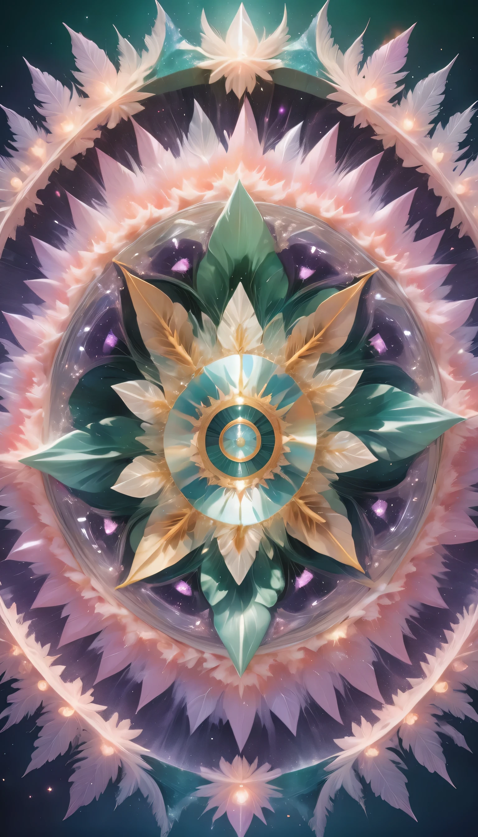 Large geometric shapes, Mandala Sacral Geometry Made of Lilac Petals, Hypnotize, performer, Golden ratio in the center of the image, Flying over a landscape made of Swarovski fractal crystals, Shining mosaic pattern, Centered, Sharp focus, Perfect composition, dynamic, The Shining glowing ,green,white,coral pink, pink, tiffany green, performer swirling, the wind is strong, Sparkles swirl, green,pastel, cloudy, Amazing adventure,high quality 16K resolution, Gothic (Luminism Photography:1.7) Aurora Light, Long-lasting rose flower, Feather and small bell, t Quartz, The Shining, mosaic, Sparkling, Made by Nikon, Sharp focus, Perfect quality, High resolution, Long Shot, 16K resolution, masterpiece, Breathtakingly beautiful, Strict details, Attention to detail, Complementary Color, Soft colors、Spectacular 3D shading、Detailed Matte Painting、Exquisite detail, High resolution, Beautifully photographed, Surreal, Sharp focus, Megapixels, Perfect composition, High Contrast, Cinematic, Atmospheric, Sulky . masterpiece, Highest quality, so beautiful, Absurd, otclillsn