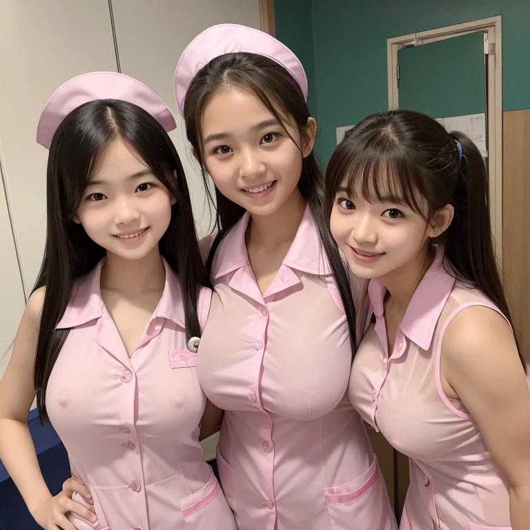 (high quality)、(high resolution)、Two junior high school students、Looking at me with a smile、whole body、Big Breasts、A tight, see-through, sleeveless pink nurse uniform with buttons and a collar、Erect nipples、(Lift your chest with both hands:1.1)、Cowboy shots on the bed