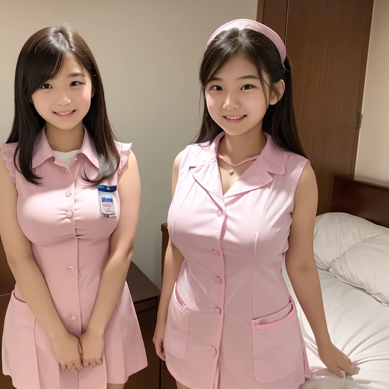 (high quality)、(high resolution)、Two junior high school students、Looking at me with a smile、whole body、Big Breasts、A tight, see-through, sleeveless pink nurse uniform with buttons and a collar、Erect nipples、(Lift your chest with both hands:1.1)、Cowboy shots on the bed