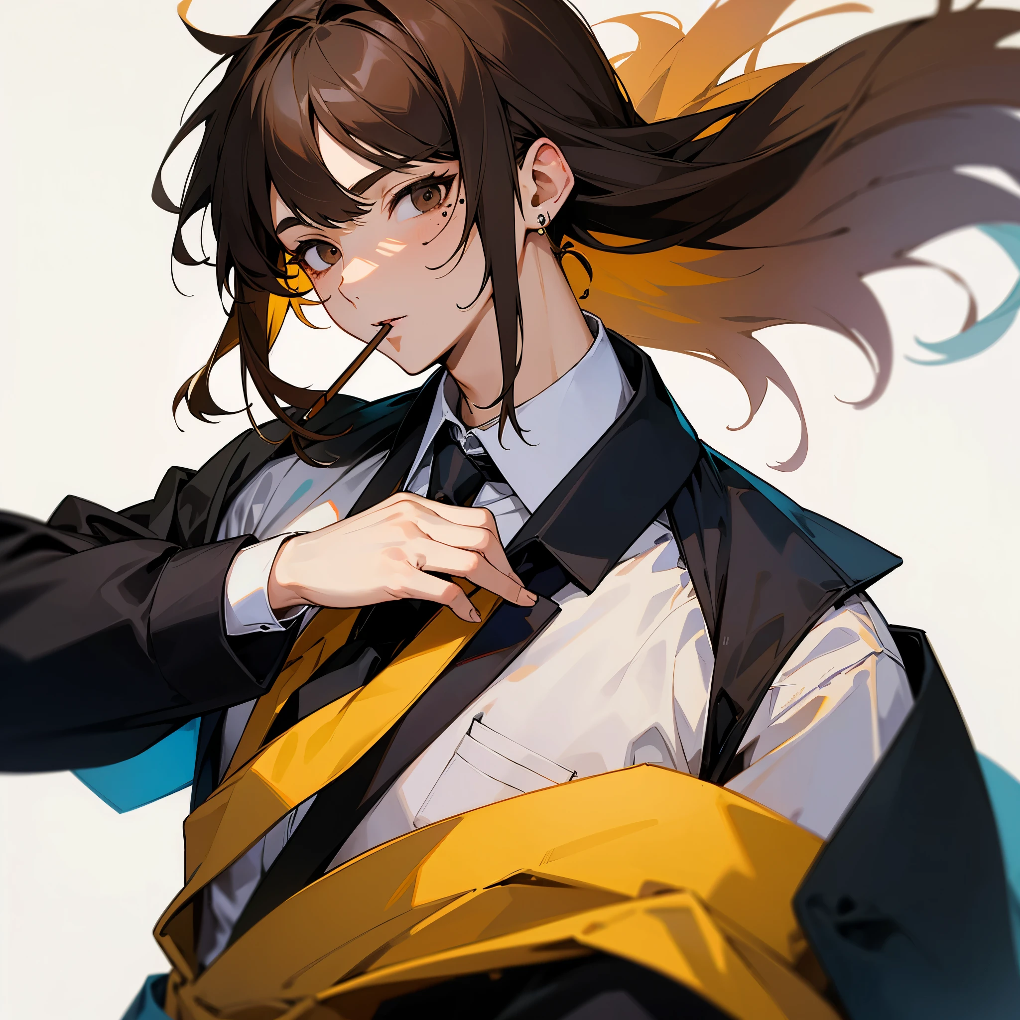 1boy, solo, looking at viewer, bangs, blonde hair, simple background, brown hair, shirt, black hair, white background, brown eyes, jewelry, jacket, white shirt, upper body, multicolored hair, earrings, food, necktie, collared shirt, medium hair, off shoulder, mole, two-tone hair, black jacket, mole under eye, mouth hold, black necktie, pocket, pocky, shirt tucked in, breast pocket, food in mouth