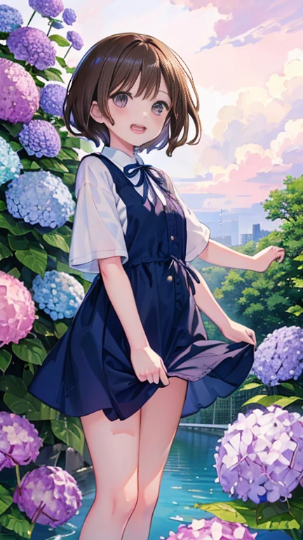 Highest quality, masterpiece, Ultra-high resolution, 8k, Show anime style , 1 girl, Soft line drawing, Digital Enhancement, shojo anime touch, shojo manga core, Flowing fabric, close, Soft Drawing, Ultra High Definition Digital Anime Art, Clear facial depiction, Highly detailed girl manga character art, Ultra-detailed manga style, Highest qualityの色, (Short brown hair)),, Beautiful brown hair, Clear brown eyes, A little chubby,Small breasts,Small butt, Open mouth and show teeth and smile 、Purple outfit、Rainfall,Hydrangea garden,Water droplets fall、Wet your hair ,Gazing at the hydrangea flowers beside the road, Close up of face and hydrangea flower