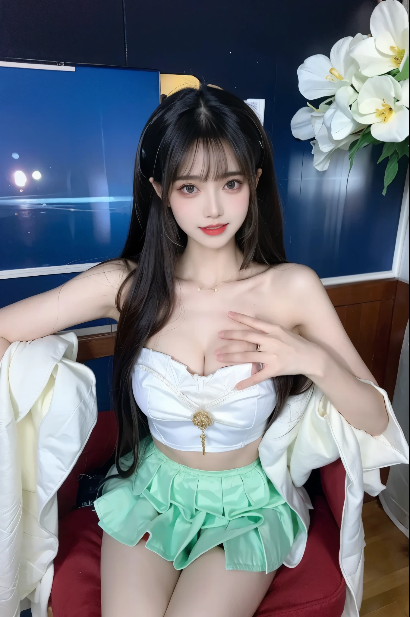 Beauty, beautiful女人，Have a perfect body：1.4，Layered Hairstyle，((Large Breasts)), ((D cup)), Visible cleavage，Bare shoulders, Highly detailed face and skin texture，Double eyelids，Skin Whitening，Long hair，Whitening long legs，Standing by the sea, Fashion Girl, Red lips, Sweet Girl, beautiful妆容, detail, lifelike, Very detailed, Astonishing, beautiful, Young and energetic, high quality，HD, Colorful，Beautifully, Smooth skin, The skirt is very short, Lifting the skirt with hands, Elegant and charming gesture, Official Art, Extremely detailed, Movie atmosphere, Soft colors, Natural skin texture,