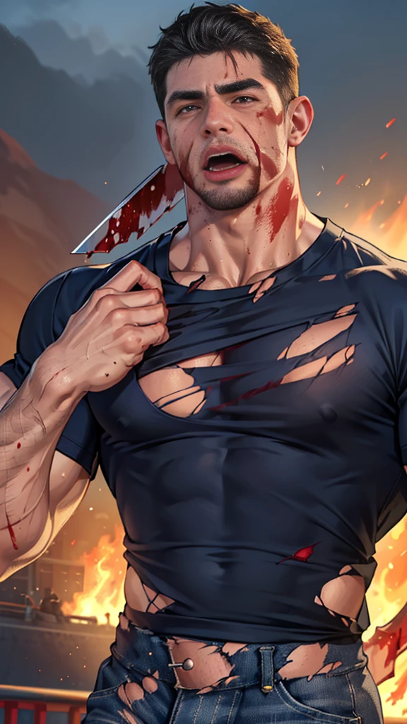 (Create a masterpiece: 1.2),(CGI art:1.3),(realistic:1.5),(After processing:1.3),(Sharp focus:1.3), (man Fight, join in battle:1.5 ),sunglass, straight, front ,Chris Redfield ,(black hair), smile open mouth, (Wear color navy round neck T-shirt: 1.5), (with a Police badge: 1.2), navy cargo, (Torn shirt:1.6), (wound: 1.3) , (blood splatters) ,( abrasions on face: 1.5), (Blood stains on the face and body: 1.4), Korean guy , korean men, (High gloss details), chest muscles, large arm muscles, blood vessel, Big muscles, Broad shoulders, looking at the audience, Balancing the eyes, middle of the road,(Fire blazes behind) ,(open mouth:1.6)