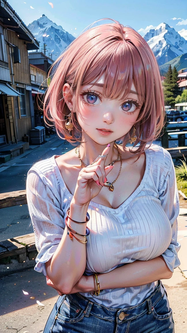 (Masterpiece, BestQuality:1.3), (ultra detailed:1.2), (hyperrealistic:1.3), (RAW photo:1.2), High detail RAW color photo, professional photograph, (Photorealistic:1.4), (realistic:1.4), professional lighting, perfect anatomy, (Big Breasts:1.2), (blush, detailed face), (cheerful Smile:1.5), Trending Hair&Trending Hairカラーをランダムに, earrings, necklace, bracelet, sexy, erotic sexy, Random sexy gravure poses, (Beautiful woman wearing white knit and jeans。Mountain scenery in the background。A gentle smile on his face。Her hairstyle is a short bob with pink hair.。The pose is with hands outstretched, feeling the wind.。:1.3)