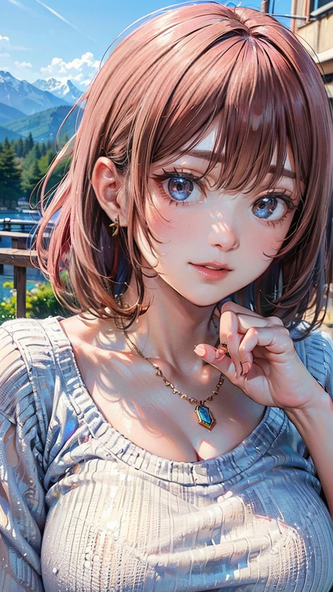 (Masterpiece, BestQuality:1.3), (ultra detailed:1.2), (hyperrealistic:1.3), (RAW photo:1.2), High detail RAW color photo, professional photograph, (Photorealistic:1.4), (realistic:1.4), professional lighting, perfect anatomy, (Big Breasts:1.2), (blush, detailed face), (cheerful Smile:1.5), Trending Hair&Trending Hairカラーをランダムに, earrings, necklace, bracelet, sexy, erotic sexy, Random sexy gravure poses, (Beautiful woman wearing white knit and jeans。Mountain scenery in the background。A gentle smile on his face。Her hairstyle is a short bob with pink hair.。The pose is with hands outstretched, feeling the wind.。:1.3)