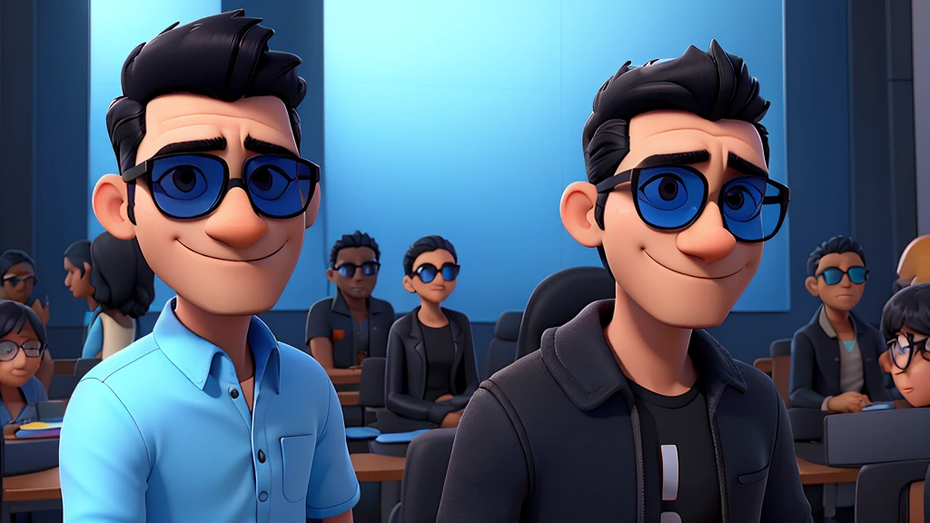arafed man with black hair and blue sunglasses, wearing big black circular glasses, wearing blue sunglasses, wearing black framed glasses, wearing shiny black glasses, testa de vidro azul neon, with sunglasses, long wavy black hair and glasses, wearing glack glasses, tommy wise, cara legal, Uma foto de um homem desgrenhado,