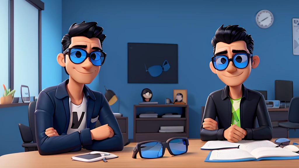 arafed man with black hair and blue sunglasses, wearing big black circular glasses, wearing blue sunglasses, wearing black framed glasses, wearing shiny black glasses, testa de vidro azul neon, with sunglasses, long wavy black hair and glasses, wearing glack glasses, tommy wise, cara legal, Uma foto de um homem desgrenhado,